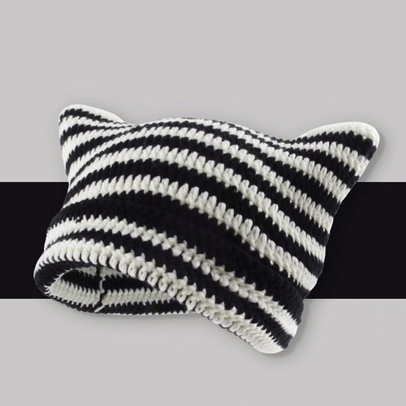 Efterår og vinter ny uldhat Little Devil håndlavet stribet hat til kvinder Katteører varm strik pullover hat_voghion.com