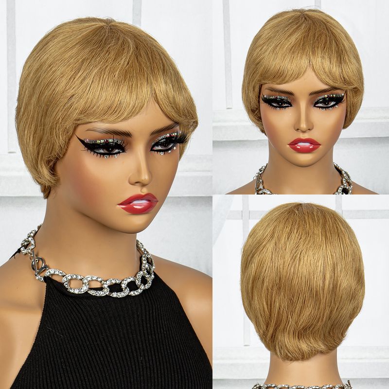 Parrucche corte da folletto dorato con frangia Parrucca per capelli umani diritta con ricciolo naturale a strati per donna_voghion.com
