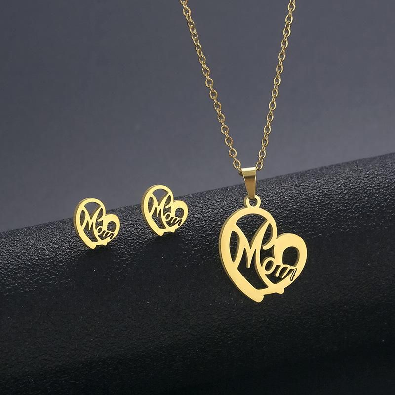 Stainless Steel Gold Silver Color MOM Letter Necklace Earrings Set Love Heart Mom Daughter Figure Jewelry Set Mother's Day Gift_voghion.com