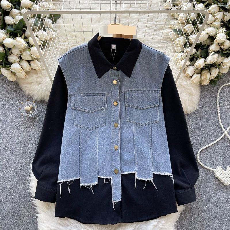 Women's Clothing Dongdaemun spring new design two piece shirt for women irregular raw edge denim contrast color stitching top trend_voghion.com