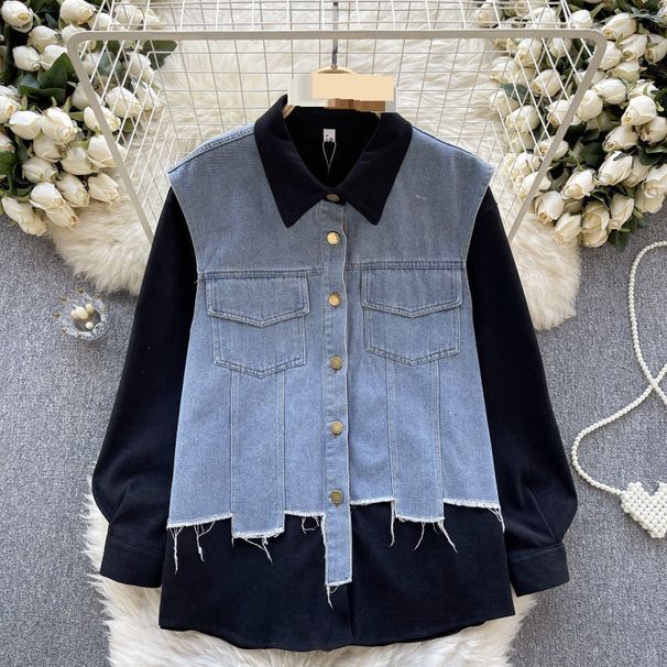 Women's Clothing Dongdaemun spring new design two piece shirt for women irregular raw edge denim contrast color stitching top trend_voghion.com