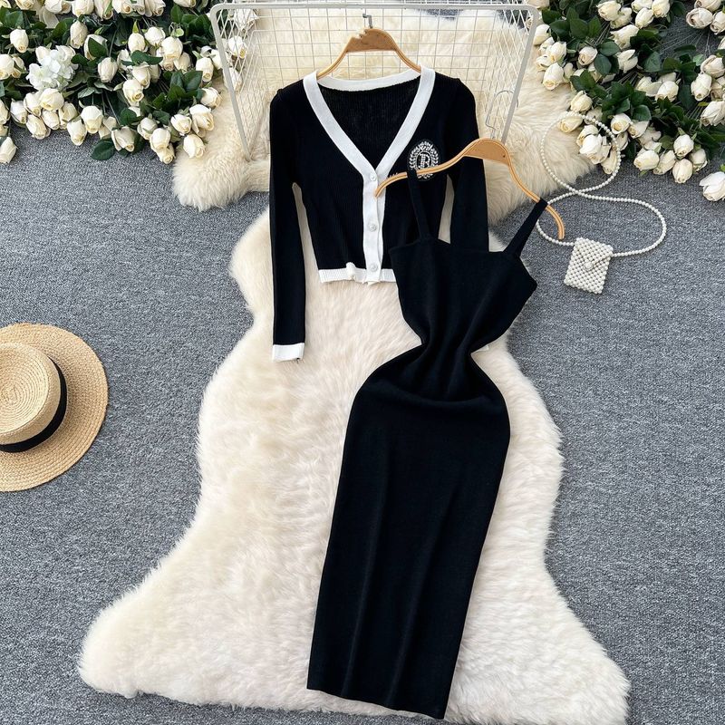 Roupas femininas de alta qualidade, decote em V, diamante bordado, manga comprida, cardigan de malha, ajuste justo, vestido suspensório de quadril_voghion.com