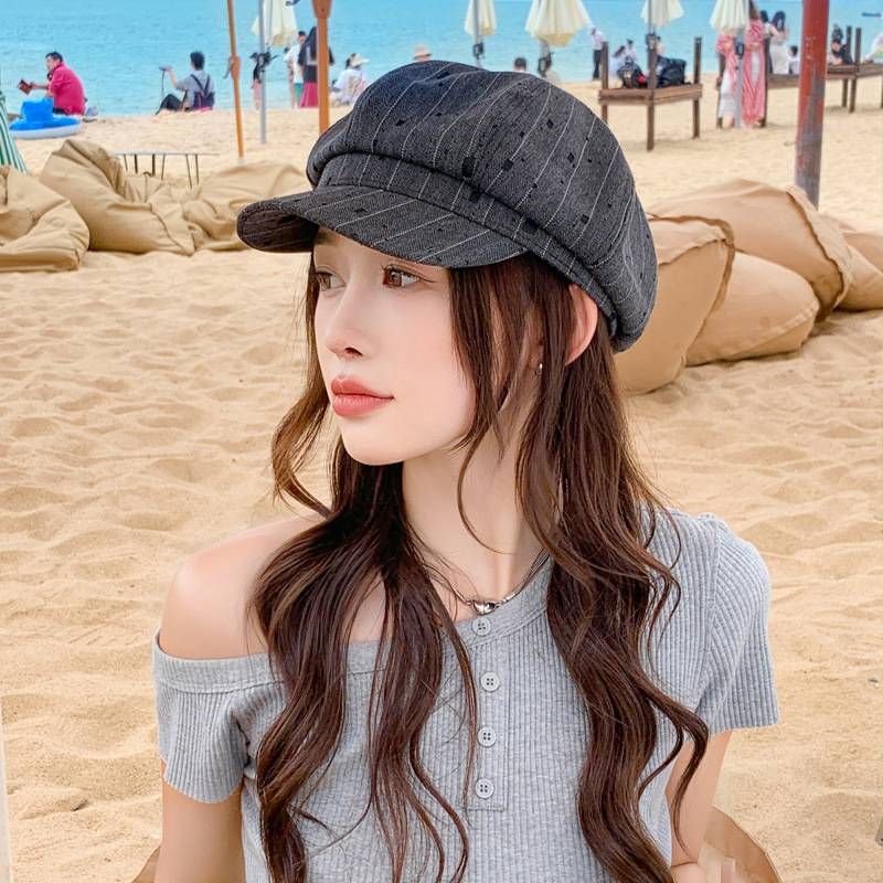 Korean Version Of The Hat Female Spring New Small Fragrant Striped Octagonal Hat Leisure Joker Outdoor Travel Newsboy Hat Summer._voghion.com