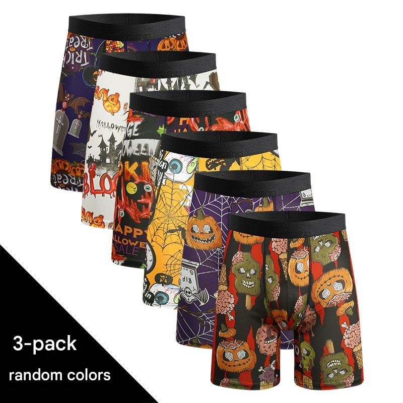 NOKO 3er-Pack verlängerte Hosenbeine mit Halloween-Motiv, Sport-Stretch-Print, atmungsaktive Herrenunterwäsche in US-Größe_voghion.com