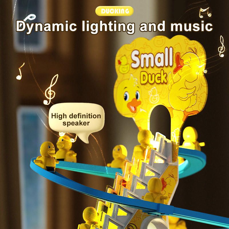 Baby Game Electric Auto Sliding Railway Track Roller Coaster Slot 3 Little Yellow Small Duck Climbing Stairs Toy With Music_voghion.com