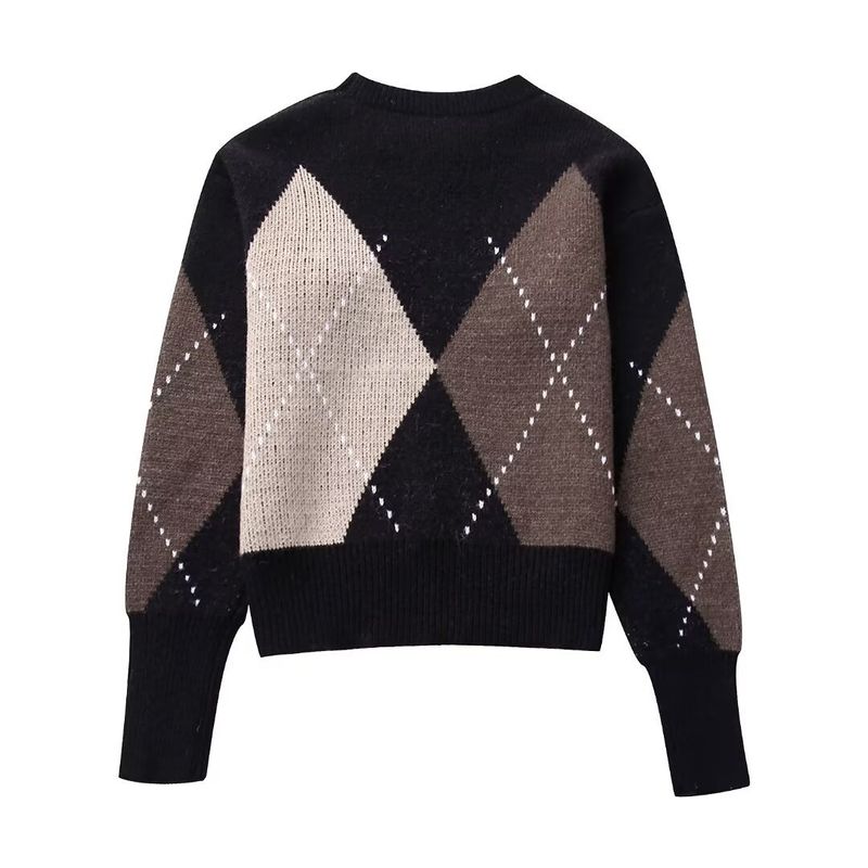 Women's 2023 Autumn New Fashionable French Contrasting Diamond Grid Versatile Sweater_voghion.com