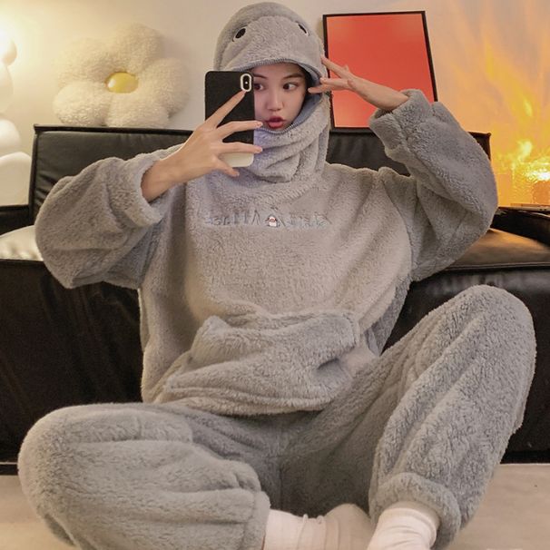 Nowe zimowe piżamy dla par z kapturem i motywem rekina z kreskówkową grafiką, z grubym jesiennym długim rękawem, flanelowe ubrania domowe dla mężczyzn i kobiet_voghion.com