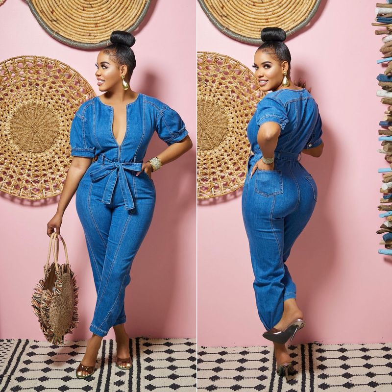 Women's Clothing washed blue fashionable temperament jumpsuit denim trousers_voghion.com