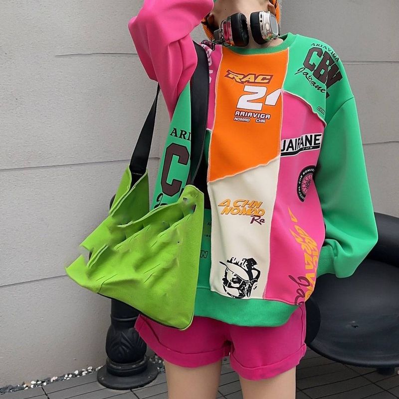 Women's Clothing autumn color contrast stitching design letter printing large size loose casual lazy style sweater top_voghion.com