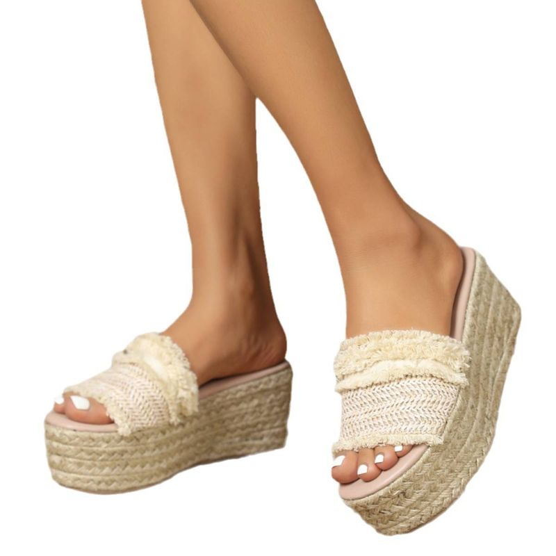 Scarpe da donna, pantofole casual con suola spessa, in corda intrecciata con nappa e rattan, alla moda femminile_voghion.com