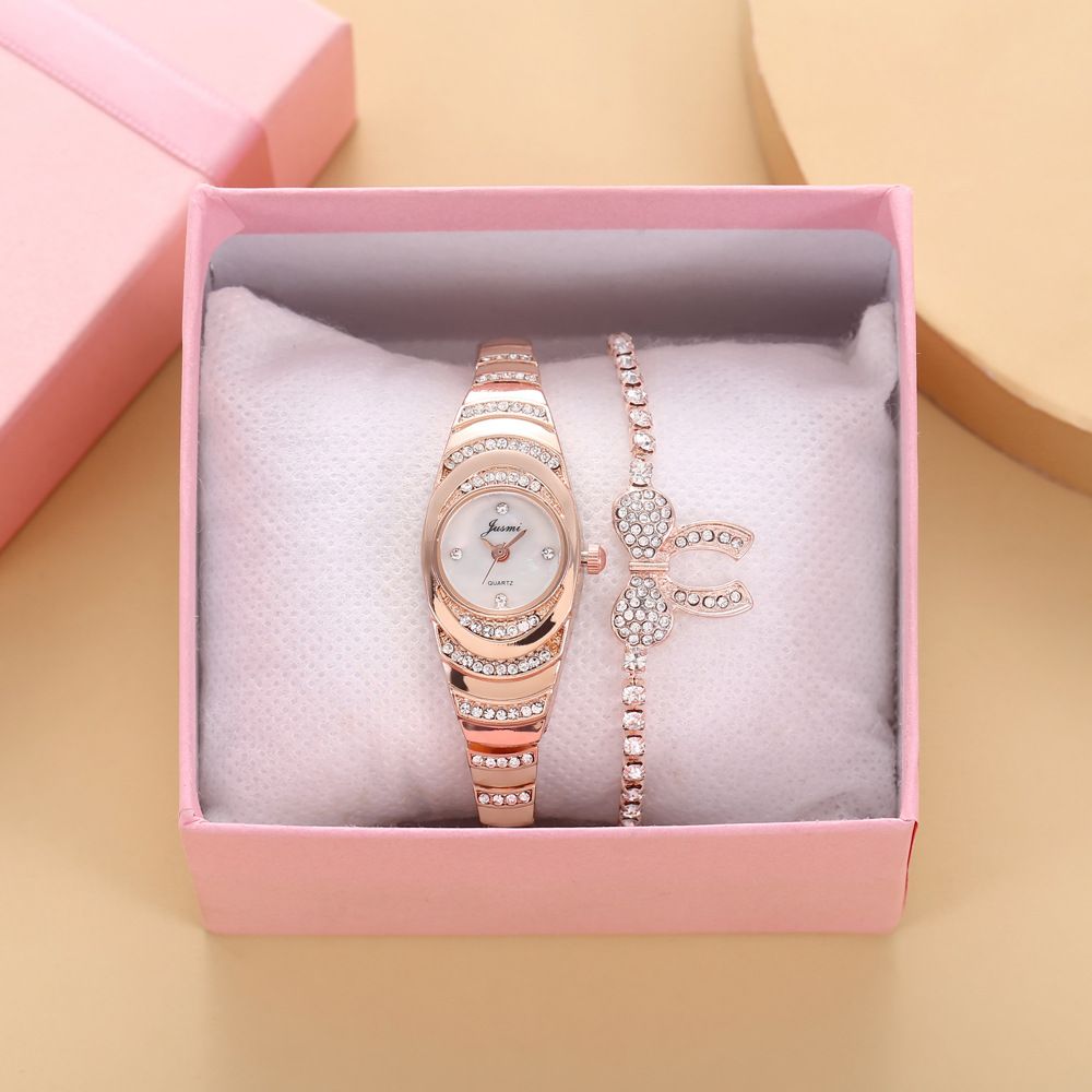 Diamond studded small dial thin strap personalized trendy steel strap quartz watch + bracelet (2pcs/set)_voghion.com