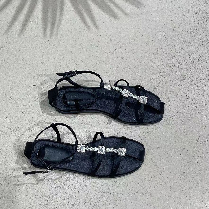 Schaffell Edition ~ Fee Feng Shui Diamant Echtes Leder Flache Damen Sommer Hohl Ein Wort Schnalle Römische Sandalen_voghion.com