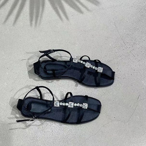 Schaffell Edition ~ Fee Feng Shui Diamant Echtes Leder Flache Damen Sommer Hohl Ein Wort Schnalle Römische Sandalen_voghion.com