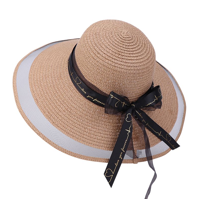 Sombrero de Paja para Mujer Decoración con Nudo de Lazo Transparente Malla Patchwork Vendaje ala Grande Protección Solar Anti-UV Elegante Vacaciones de Verano Sombrero de Verano para Mujer Sombreros_voghion.com