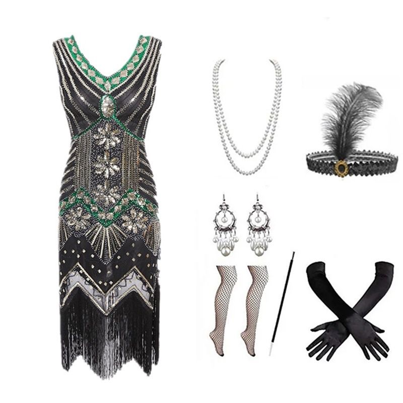 Damenbekleidung Retro-Kleid Gatsby-Kleid Schwerer Perlenbesetzter Pailletten-Quastenrock_voghion.com