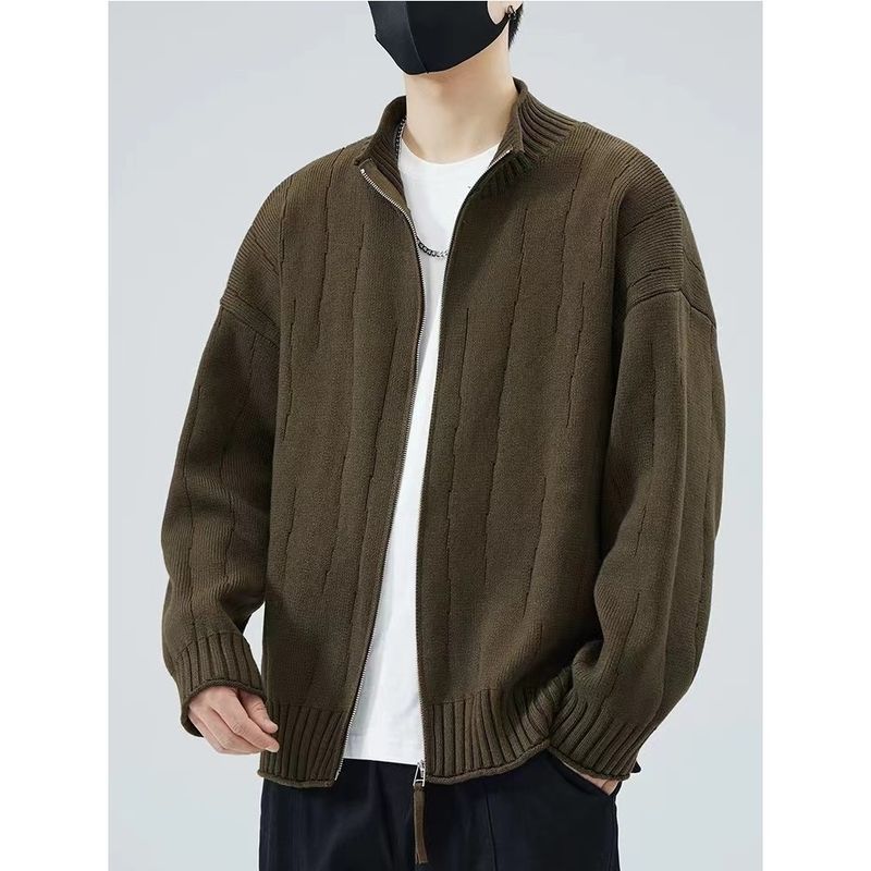 Autumn and winter new stand up collar solid color knitted zipper cardigan men's outerwear, high-end loose sweater jacket_voghion.com