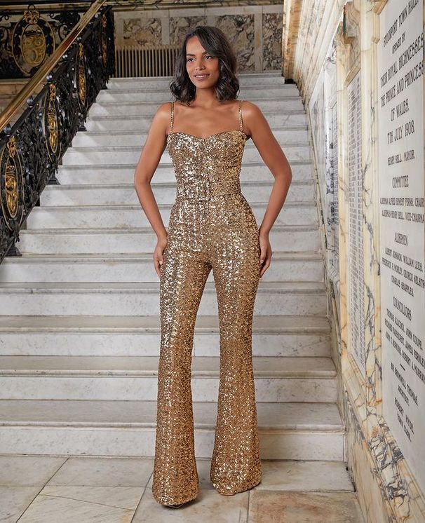 Dámský elegantní, odolný, třpytivý, zlatý, flitrovaný, podvazkový overal, evropské a americké módní šaty pro celebrity, večírek, banketní šaty_voghion.com
