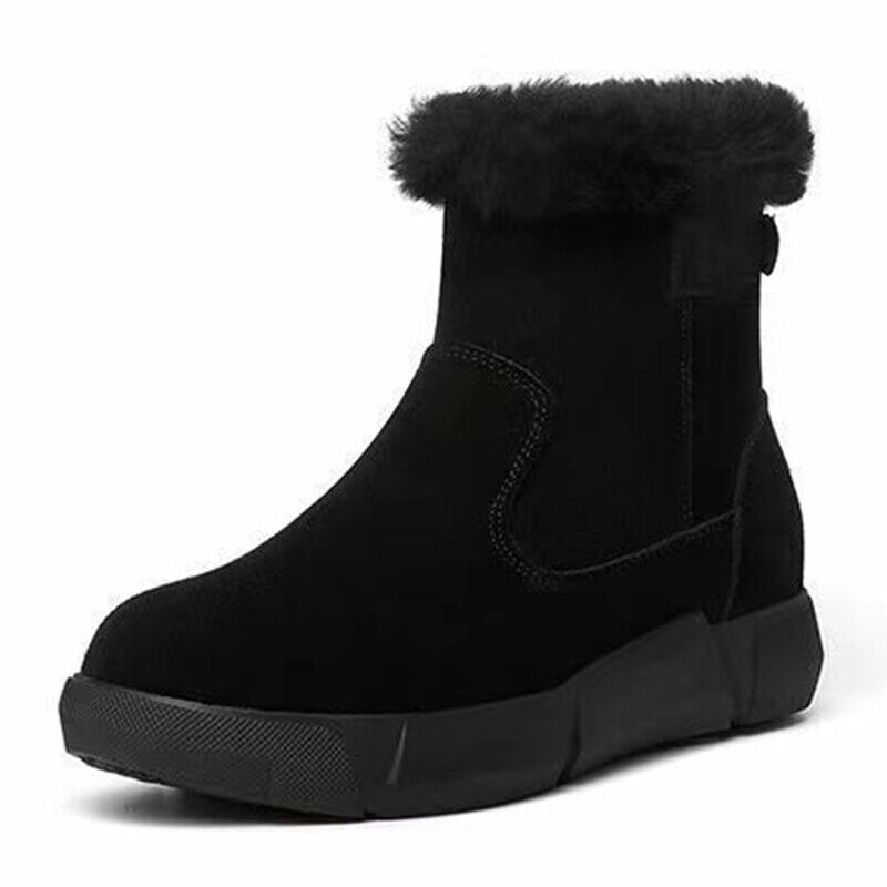 Botas de neve femininas de inverno, calçados quentes com pelo no tornozelo, forrados, bico redondo, zíper lateral, sapatos baixos e quentes_voghion.com