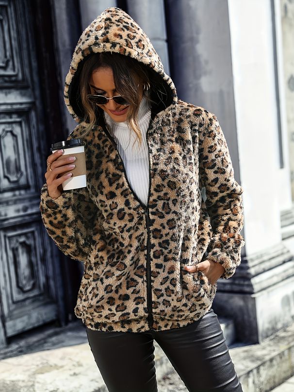 Women's Long Sleeve Fur Coat With Hood, Polyester Spandex Blend, Relaxed Fit, Autumn And Winter Wear, Zipper_voghion.com