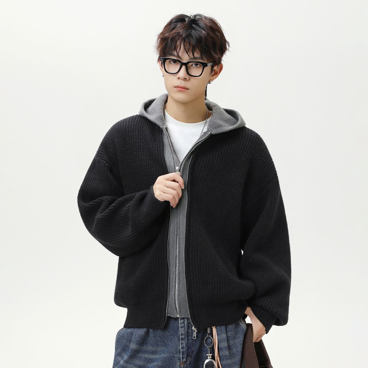 Zweiteiliger Kapuzenpullover für Herren, schwerer Strickpullover mit Sherpa-ähnlicher Textur, übergroßer Streetwear-Cardigan für Herbst und Winter_voghion.com