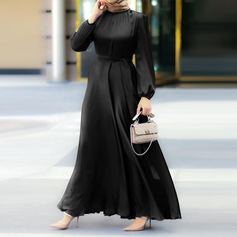 Damenbekleidung Neue Laternenmanschetten Rundhalsausschnitt Lockerer Taillengürtel Langes Kleid_voghion.com