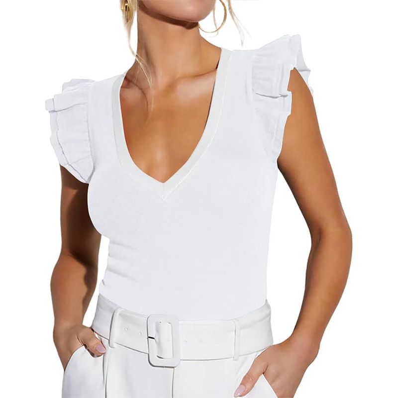 Damenbekleidung Sommer Damen Tops Pfirsich Herz Kragen Fliegende Ärmel Enge Faden Weste_voghion.com