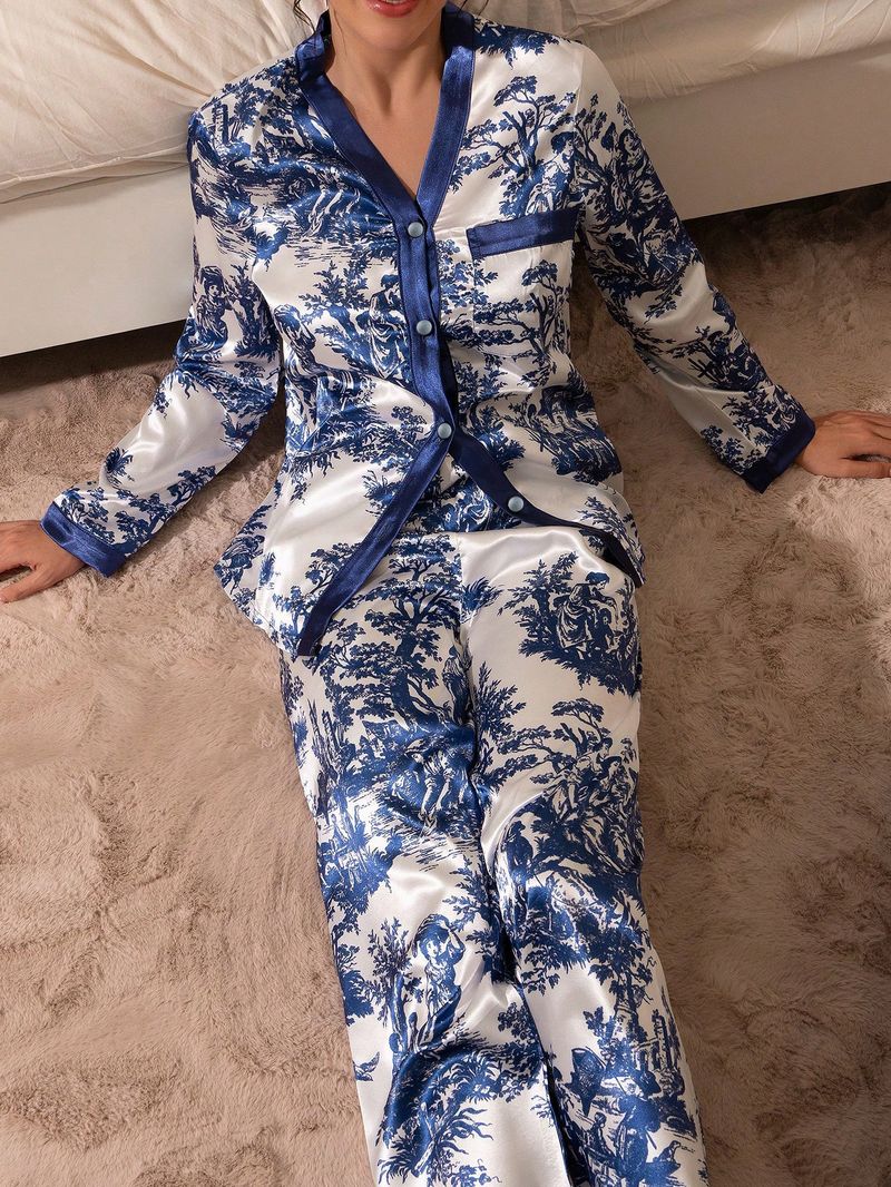 Women's Sleepwears Fashion Ink Painting Printed Cardigan Long Sleeve Trousers Can Be Worn Outside Home Clothes Two Piece Suit_voghion.com