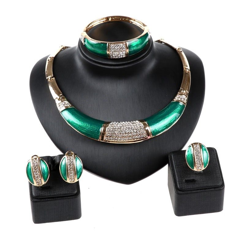 Green Enamel African beads jewelry set wedding Party dress accessories fashion costume Necklace jewelry sets_voghion.com
