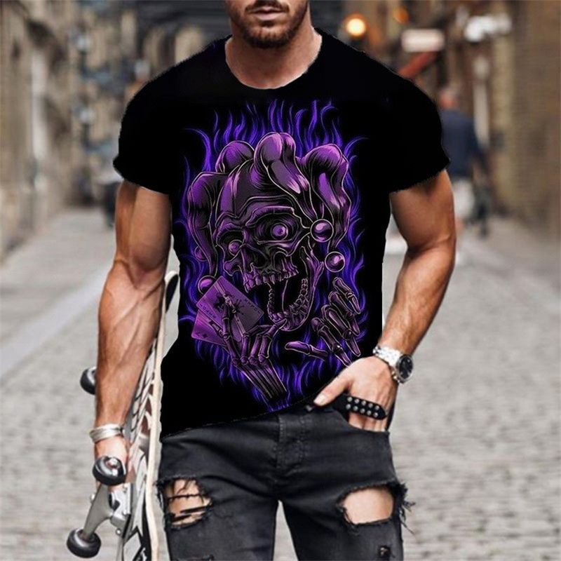 Herren T-Shirt mit 3D-Totenkopf-Print, kurzärmelig, Rundhalsausschnitt, personalisierte Freizeitkleidung für Herren_voghion.com