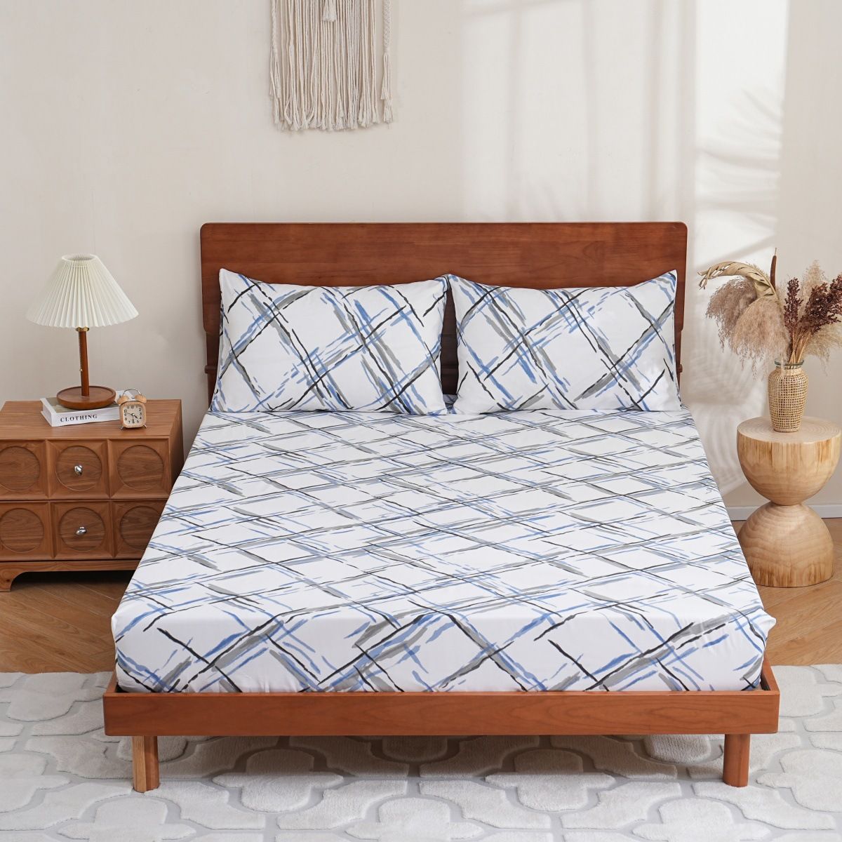 Gray White Blue Geometric Diamond Bed Sheet Polyester Skin Friendly Bed Fitted Sheet Mattress Protector Fitted Sheet_voghion.com