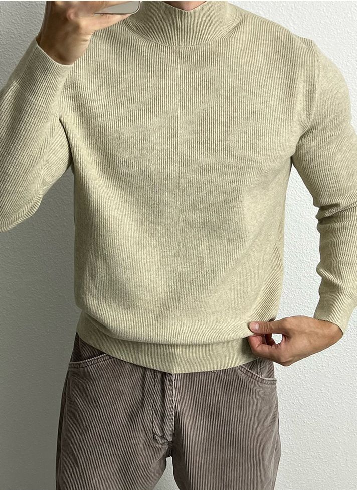 Maglione semi-dolcevita slim fit da uomo - Pullover in maglia elasticizzata per una vestibilità aderente, strato di base termico a maniche lunghe, abbigliamento casual in stile retrò_voghion.com