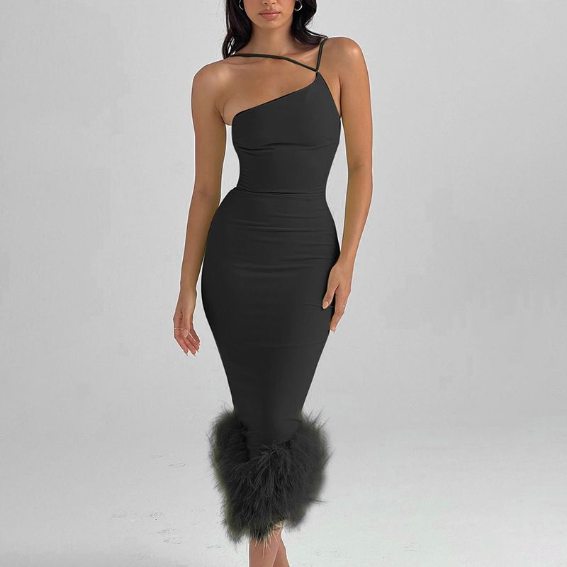 Damenbekleidung Langer Rock Damen One-Shoulder Neckholder Pelz Saum Kleid Sexy Damenbekleidung_voghion.com