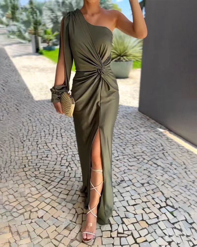 Summer Dresses Women Green Sexy One Shoulder Satin Asymmetrical Ruched Midi Evening Party Prom Dress Gown Bandage Plus Size Robe_voghion.com