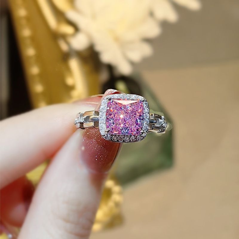 Anel de luxo com corrente cubana incrustada de alto carbono e flor de gelo, pedra preciosa de diamante rosa radiante de alta qualidade, corte princesa para mulheres_voghion.com