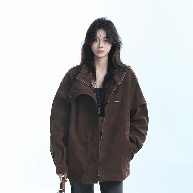 【Zuochishankong】Giacca bomber marrone in stile americano per donna, unisex, di nicchia, vestibilità ampia, cappotto con cerniera, alla moda_voghion.com