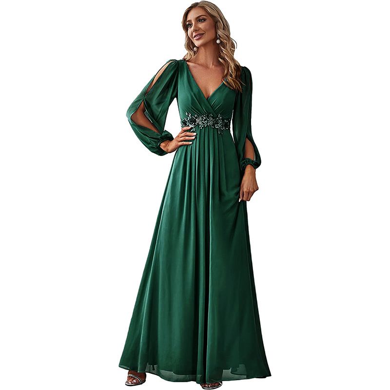 Europäesch an amerikanesch Dammekleeder Elegant laangt Kleed mat V-Ausschnëtt a Saum am Taille_voghion.com