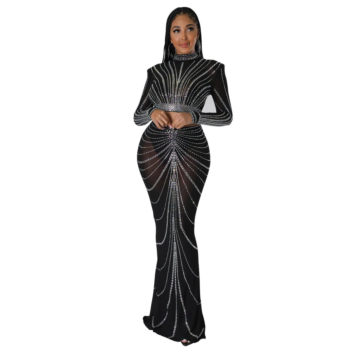 Dámské oblečení na podzim a zimu, sexy síťovaný oblek s dlouhým rukávem a dvoudílnou sukní Hot Diamond_voghion.com