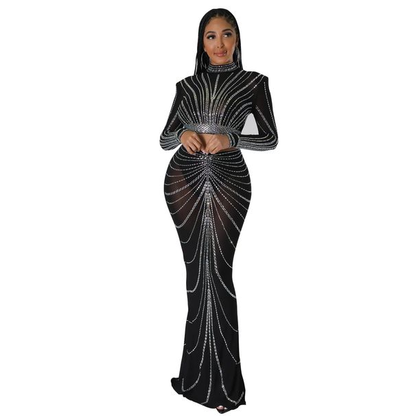 Dámské oblečení na podzim a zimu, sexy síťovaný oblek s dlouhým rukávem a dvoudílnou sukní Hot Diamond_voghion.com