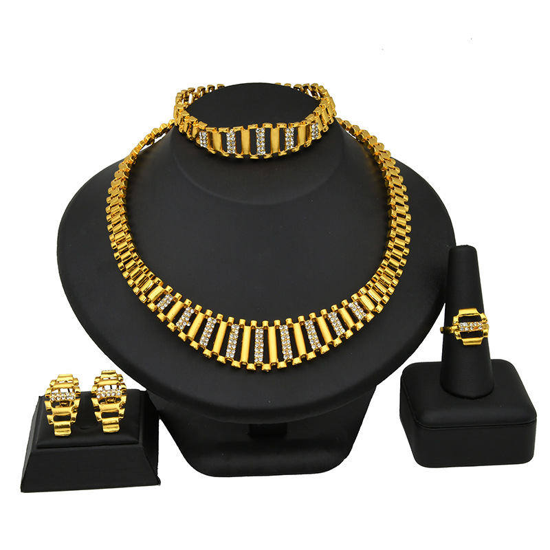 Vergoldeter Schmuck Damen Hochzeitsschmuck vierteiliges Set Halskette Ohrringe Ring Armband Accessoires_voghion.com