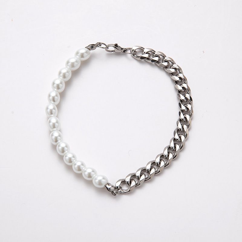 Splicing Stainless Cuban Chain For Street Fashion Titanium Steel Men's Pearl Necklace_voghion.com