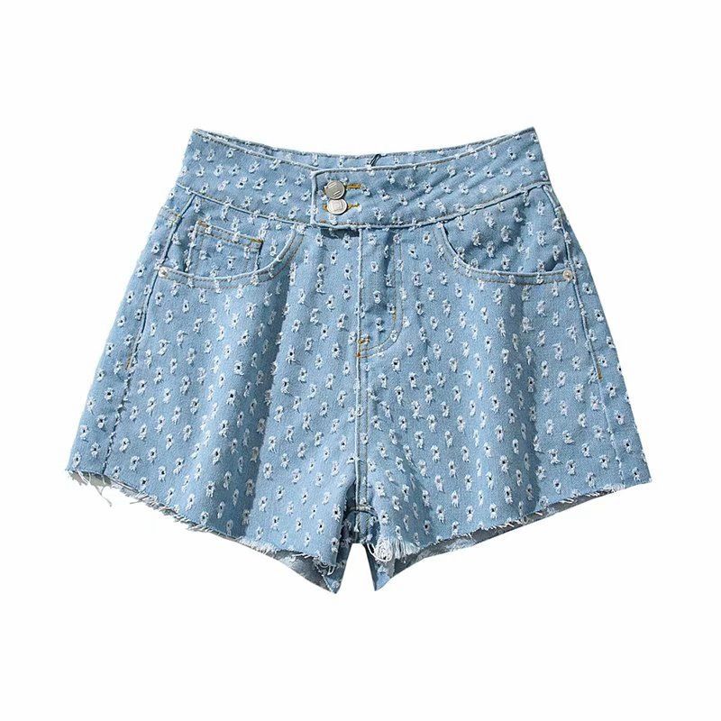 Pantaloni scurți din denim rupți pentru femei, vară, talie înaltă, cu doi nasturi, slăbire, margine brută, linie A, pantaloni largi_voghion.com