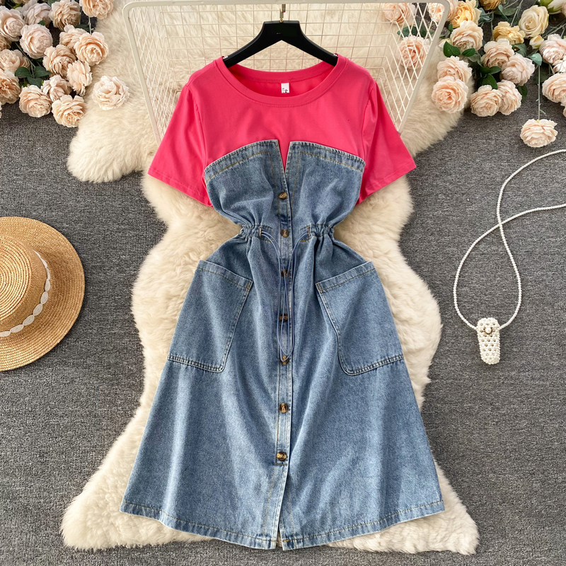 Damenbekleidung Reduzierender Urlaub Zweiteiliges Kleid Für Frauen Französisch High End Rundhals Kurzarm Patchwork Taille Denim Langer Rock_voghion.com