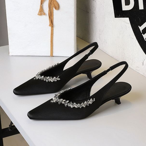 Pointed Low-heeled Shoes, Light-mouth Back Strap, Satin Women's Shoes, Rhinestone Chain, Empty Wine Glass And Comfortable Single Shoes._voghion.com