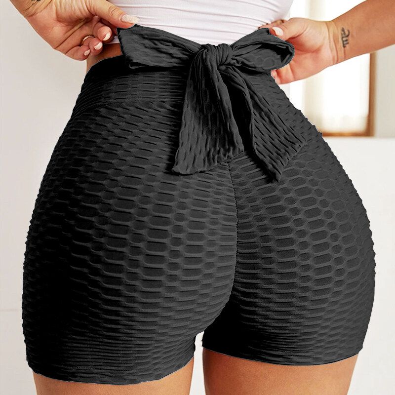 Pantalones cortos de botín fruncidos para mujer Scrunch Butt Push Up Gym Running Sports Back Bow Tie Design Gym Leggings_voghion.com