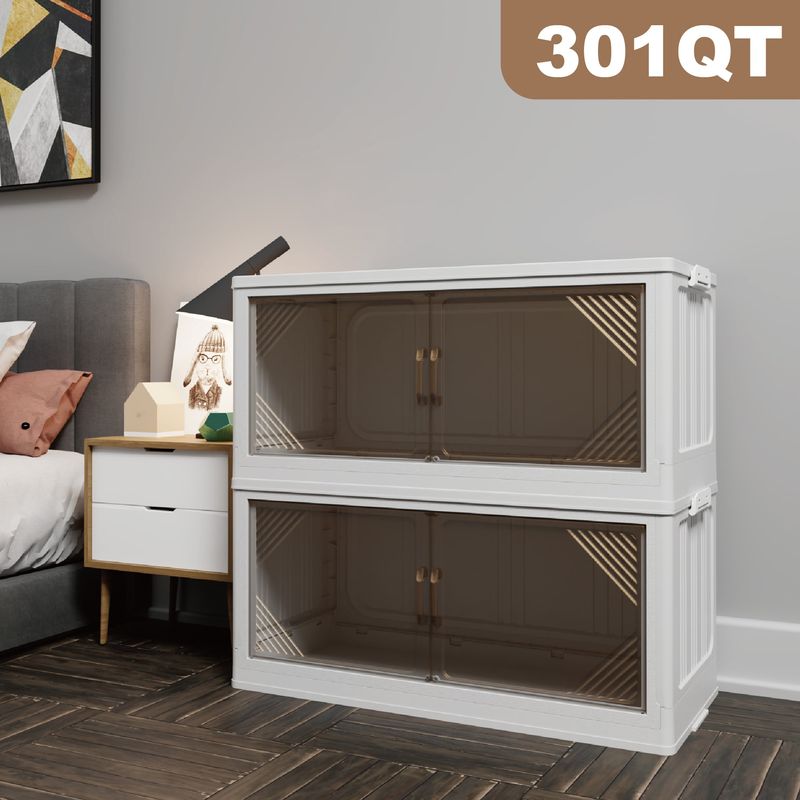 301QT 2-Pack 35.4’’ Wide Transparent Plastic Storage Cabinets For Closet Organizers And Storage, Folding Storage Box, Stackable Storage Bins With Open Front Door_voghion.com
