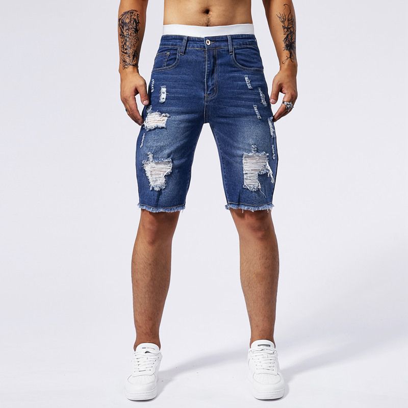 Pantalones cortos vaqueros de cinco puntos para hombre, ajustados y microelásticos, informales, holgados, con agujeros de cinco puntos_voghion.com