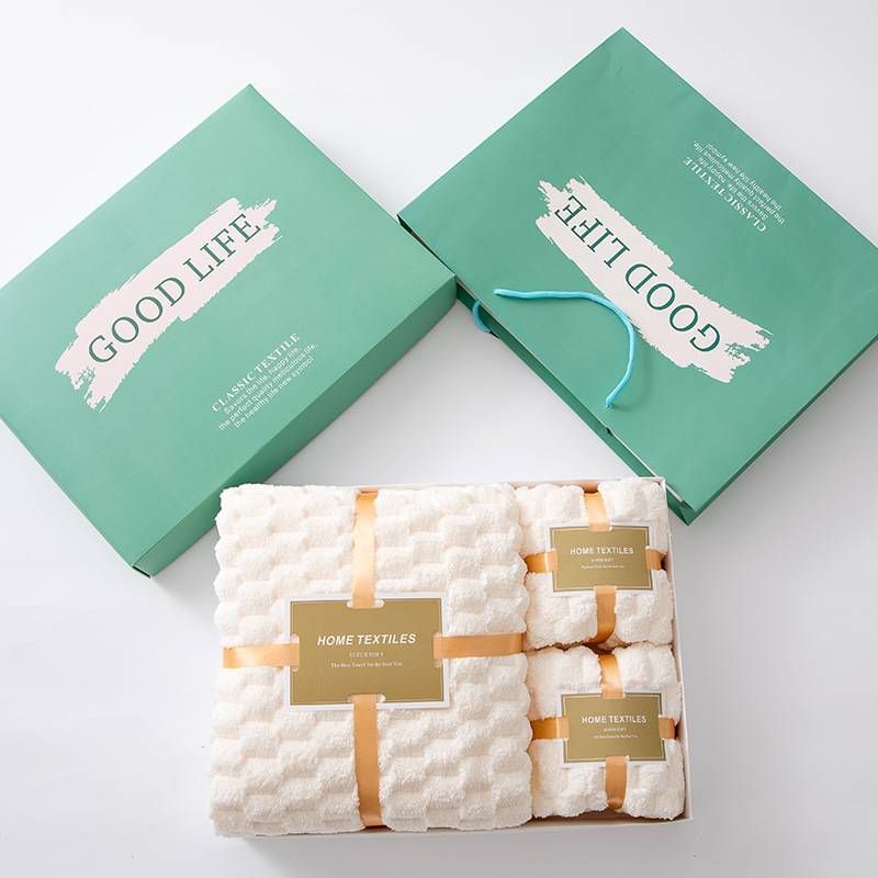 Coral Velvet Bath Towel 3-piece Gift Box With Gift Towel And Hand Gift Set(Cloud Bars Blue-green-Orange Gift Box 641)_voghion.com