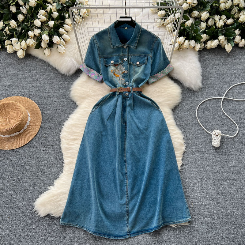 Vêtements pour femmes Robe haut de gamme pour femmes nouveau style d'été taille de broderie lourde tempérament mince jupe mi-longue en denim à manches courtes_voghion.com