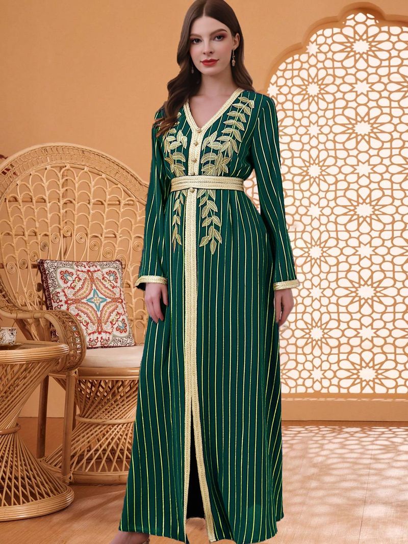 Muslimische Damenbekleidung Besticktes Blumenkleid mit goldumrandetem Gürtel Robe Abaya_voghion.com