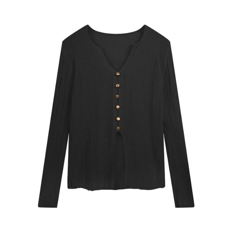 French style V-neck niche split button design, knitted sweater for women in spring, new base shirt, long sleeved top_voghion.com
